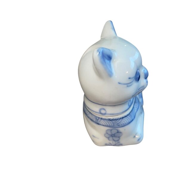 Chinese Cat Dish Jewelry Blue Ceramic Trinket Box Collectible Decor - Picture 2 of 9